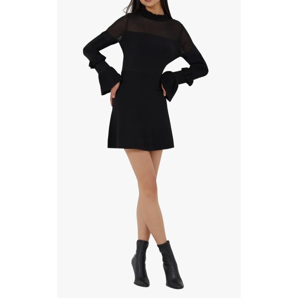 French Connection Lindsey Sheer Yoke Long Sleeve Sweater Dress Black Size M - Picture 2 of 12